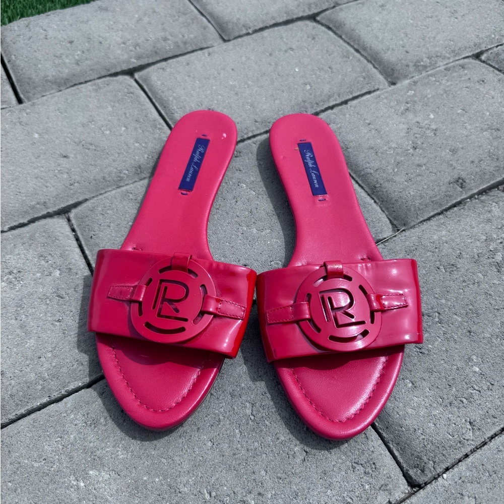 Lauren Ralph Lauren Purple Label Patent Logo Slide Sandals‎ Red Size 6